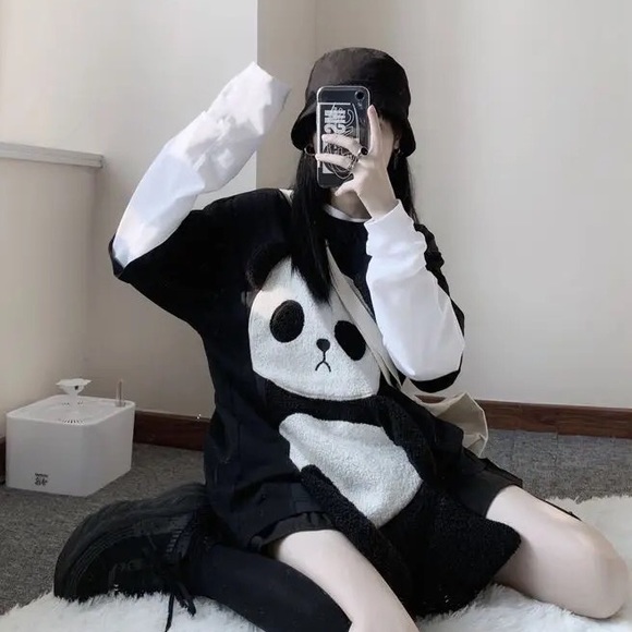 Panda bear shirt long sleeve t-shirt black white combo top - Picture 2 of 3